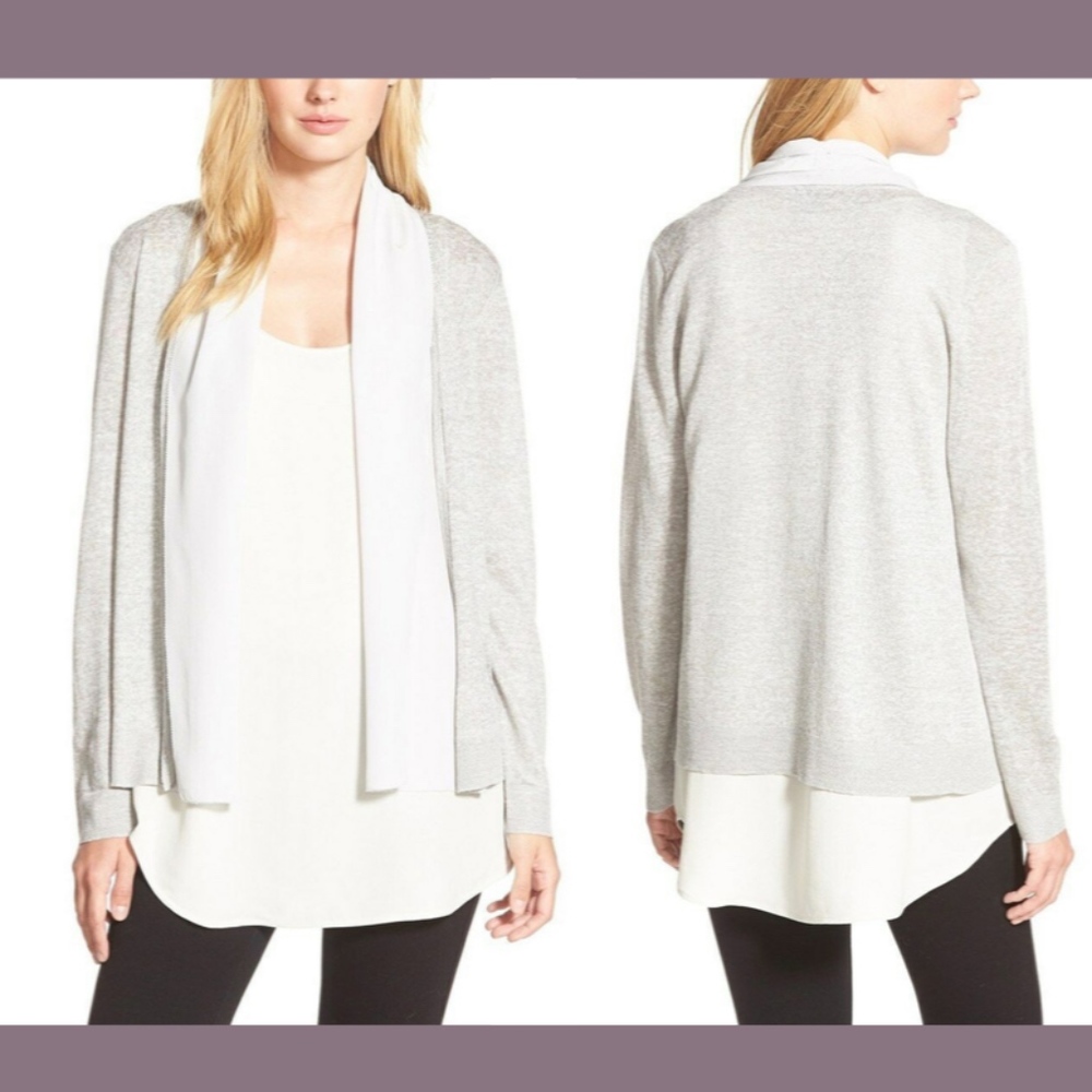 NWT $298 Eileen Fisher Silk Trim Straight‎ Cut Cardigan in Grey [SZ Large ]